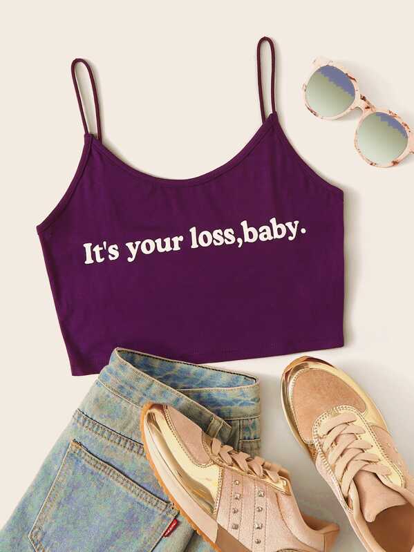 

Slogan Graphic Crop Cami Top, Purple