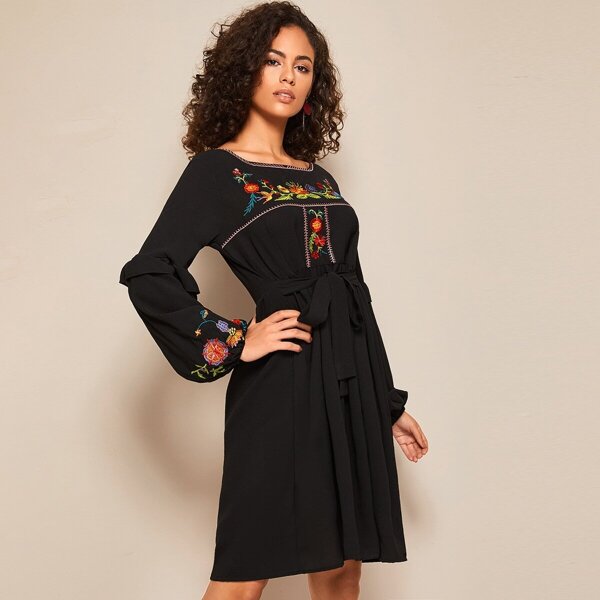 

Floral Embroidered Self Tie A-line Dress, Black