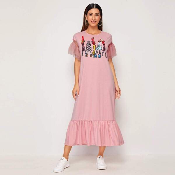 

Mesh Trim Knot Front Figure Print Flounce Hem Dress, Pink pastel