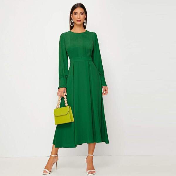 

Solid Pleated Detail Ruffle Cuff Dress, Green bright