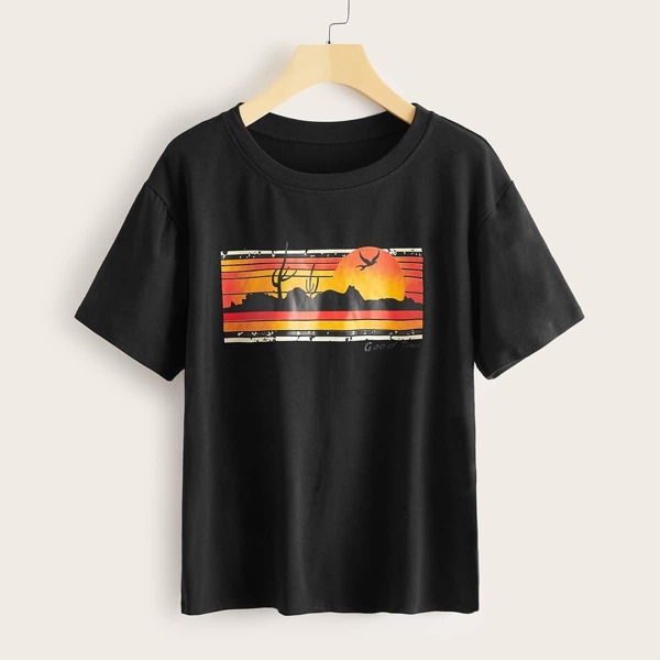 

Landscape Pattern Short Sleeve Tee, Black