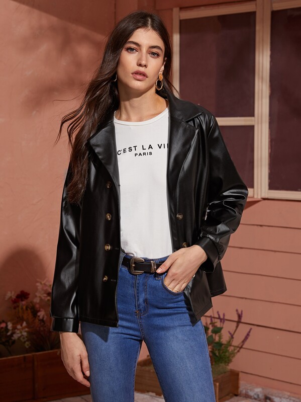 

Double Button Lapel Neck PU Leather Jacket, Black, Mila