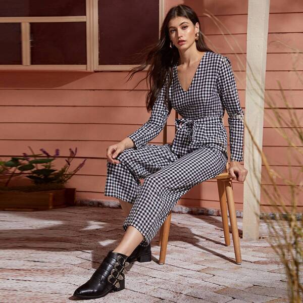

V-neck Gingham Self Tie Jumpsuit, Black and white