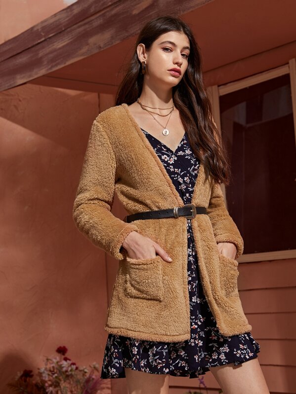 

Open Front Dual Pocket Teddy Coat Without Belted, Camel, Mila