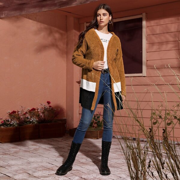 

Cut And Sew Open Front Teddy Coat, Camel