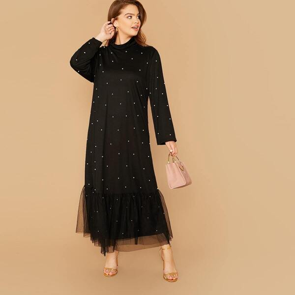 

Plus Cowl Neck Pearls Beaded Mesh Ruffle Hem Dress, Black