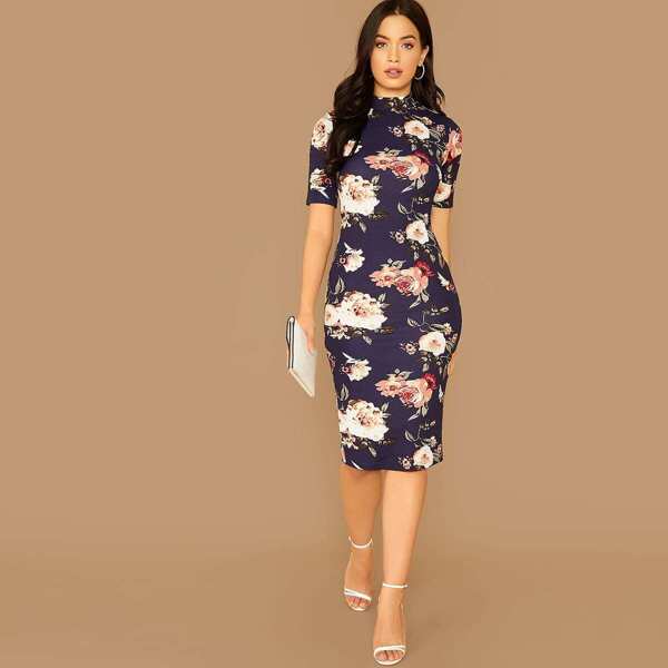 

Mock Neck Floral Print Pencil Dress, Navy blue