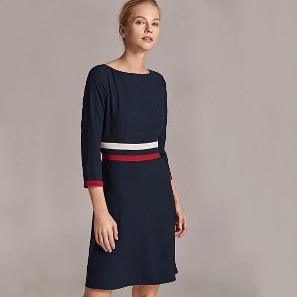 

Premium Contrast Striped Tape Dress, Navy