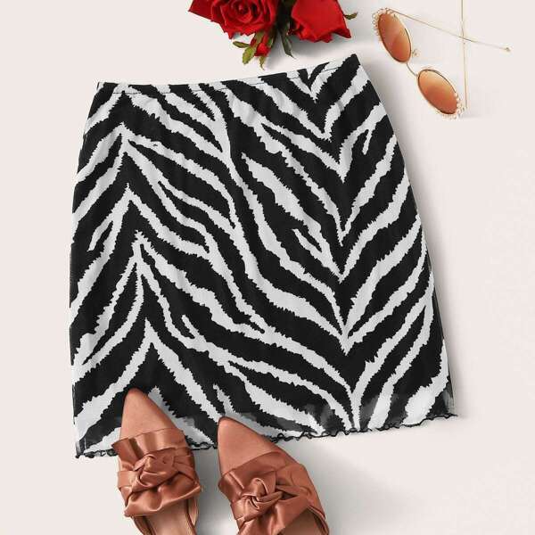 

Zebra Pattern Lettuce Trim Mesh Straight Skirt, Black and white