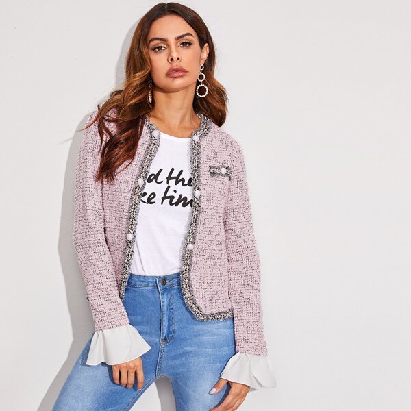 

Ruffle Cuff Button Front Tweed Jacket, Pink pastel