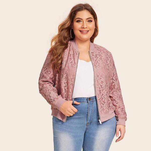 

Plus Zip Up Guipure Lace Bomber Jacket, Pink pastel
