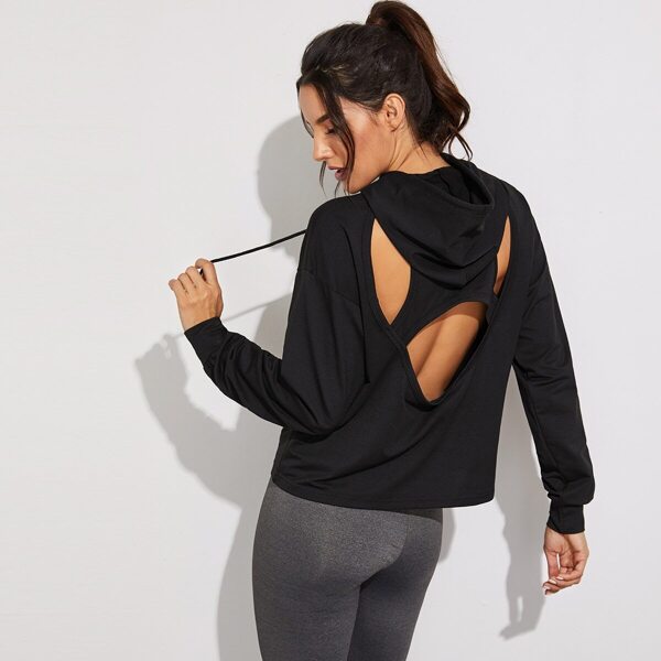 

Cut Out Back Drawstring Sports Hoodie, Black