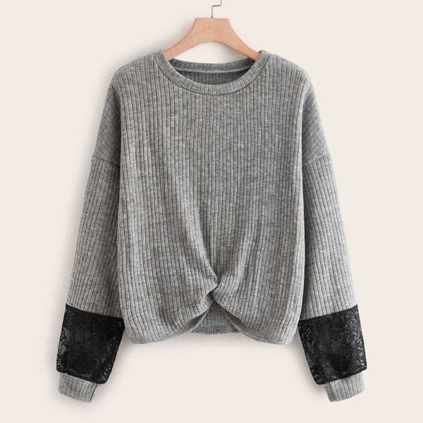 

Contrast Lace Twist Front Sweater, Grey