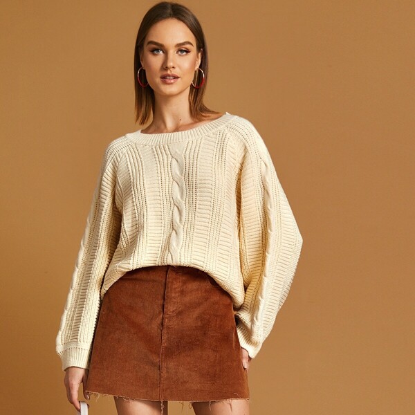 

Cable Knit Raglan Sleeve Sweater, Beige