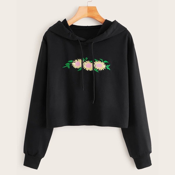 

Daisy Embroidered Drop Shoulder Hoodie, Black