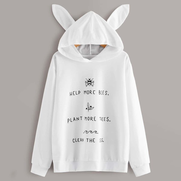 Cartoon & Letter Print Drop Shoulder Hoodie, White