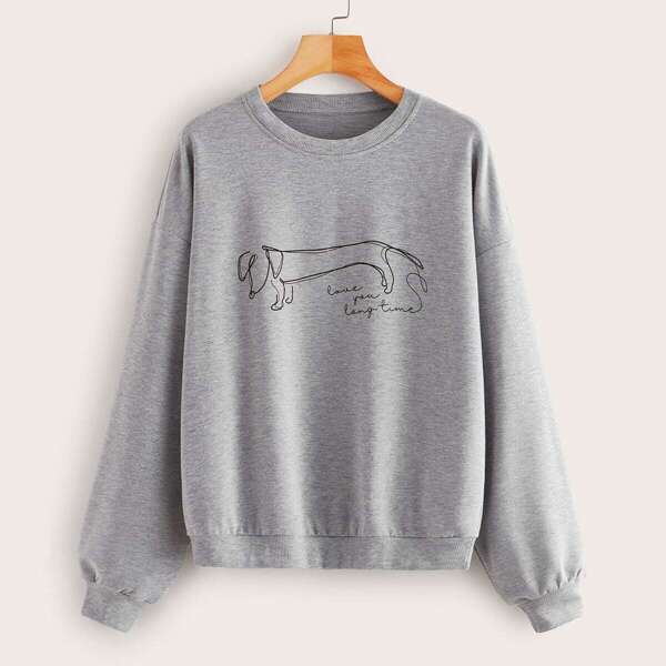 

Cartoon & Letter Graphic Drop Shoulder Sweatshirt, Grey