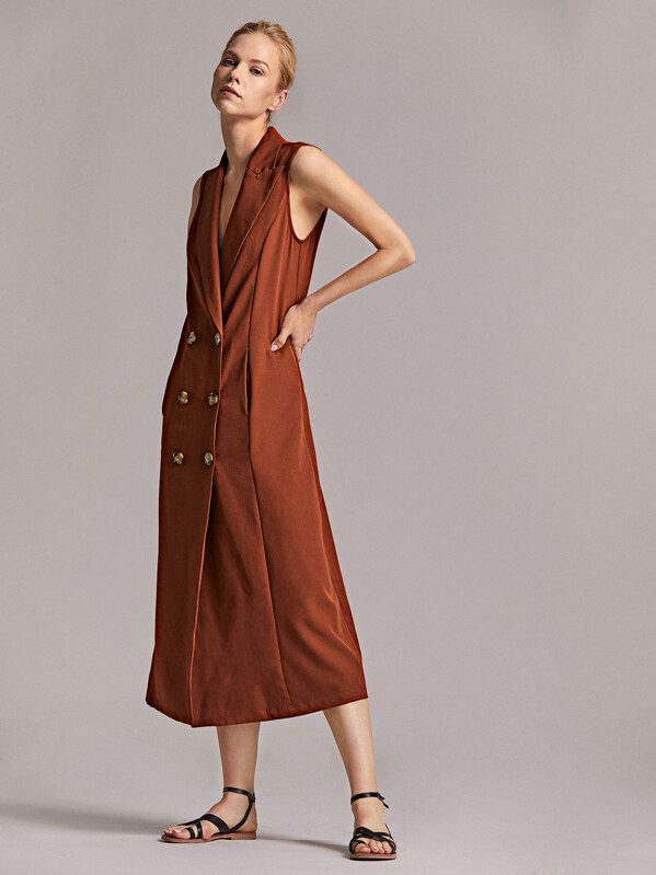 

Premium Peak Collar Double Breasted Tent Trench Coat, Brown, Denisa