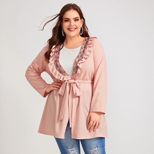 

Plus Plunging Neck Ruffle Trim Tape Insert Belted Coat, Pink pastel