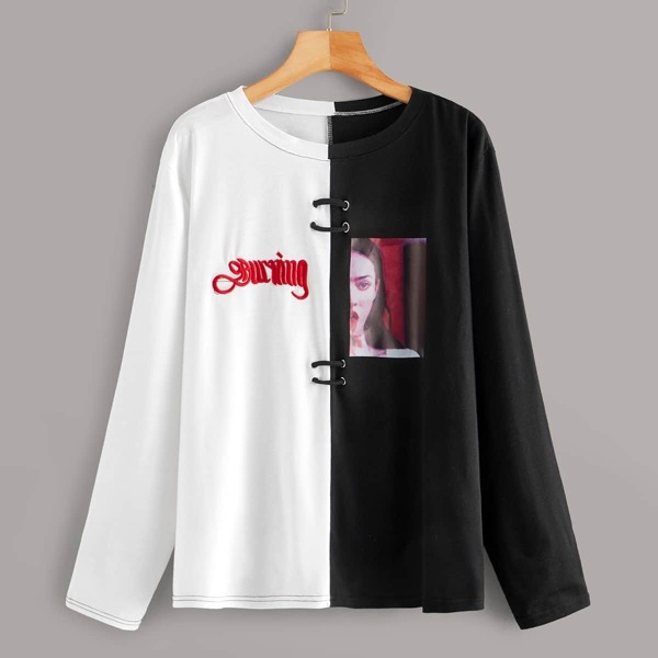

Two Tone Figure Print Letter Embroidered Tee, Black and white