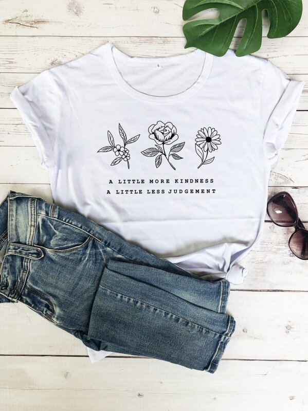 

Floral & Slogan Graphic Round Neck Tee, White