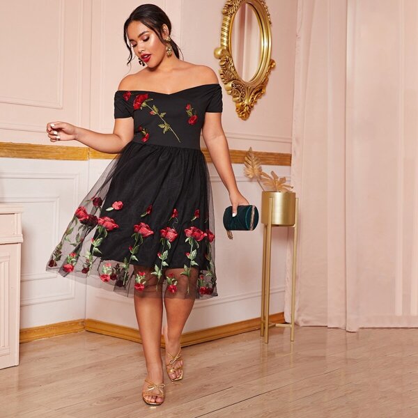 

Plus Embroidery Mesh Overlay Bardot A-line Dress, Black