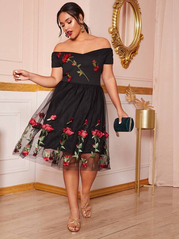 

Plus Embroidery Mesh Overlay Bardot A-line Dress, Black, Emilie