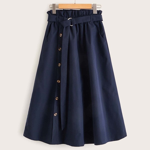 

Button Side Paperbag Waist Belted Skirt