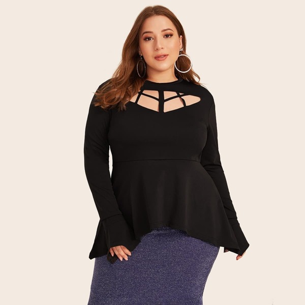 

Plus Cut Out Asymmetric Ruffle Hem Top, Black