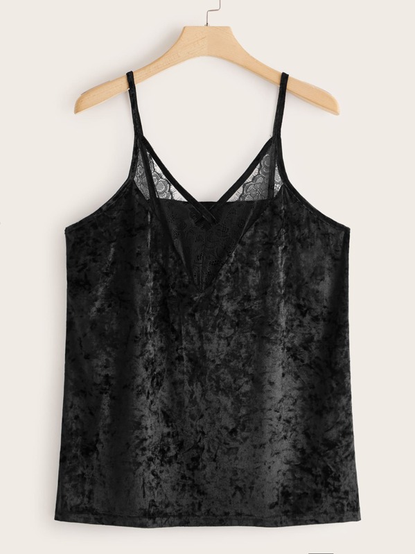 

Plus Lace Panel Velvet Cami Top, Black