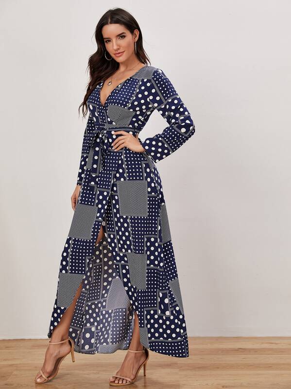

Polka-dot Asymmetrical Hem Wrap Belted Dress, Navy, Juliana