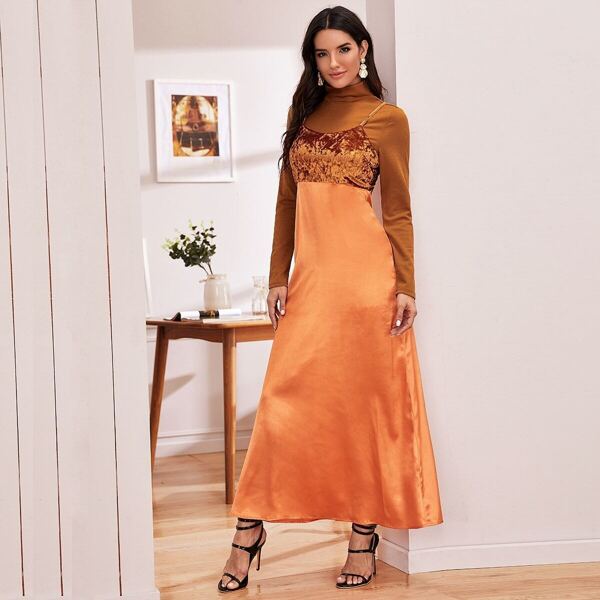 

Velvet Bodice Satin Cami Dress, Orange