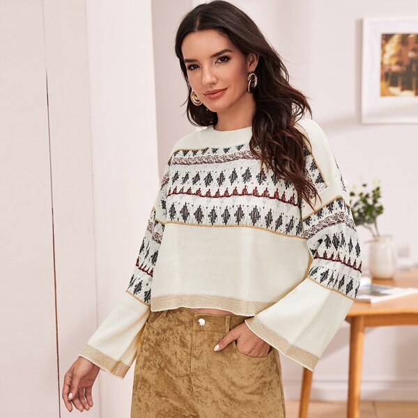 

Bell Sleeve Fair Isle Sweater, White