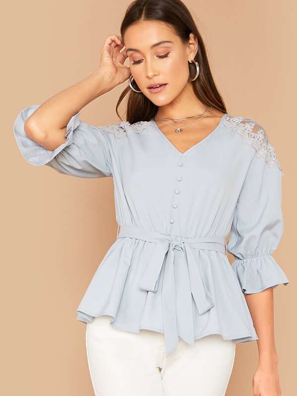 

Lace Insert Bell Sleeve Button Front Peplum Top, Blue, Anna Herrin