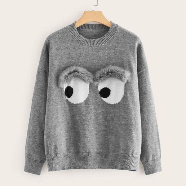 

Plus Faux Fur Detail Eye Sweater, Grey