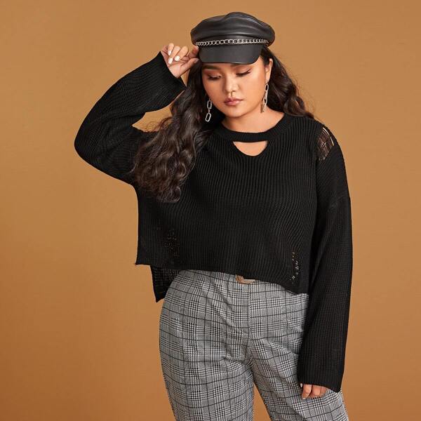 

Plus Keyhole Neckline Ripped Detail Sweater, Black