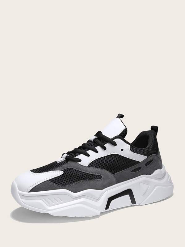 Men Lace-up Front Mesh Panel Chunky Sneakers, Black and white