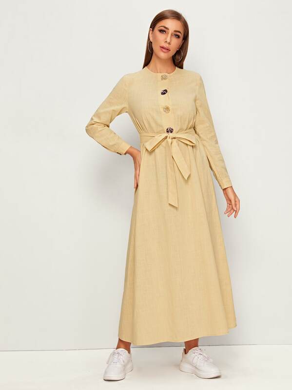 

Button Half Placket Self Belted Dress, Beige, Hanna