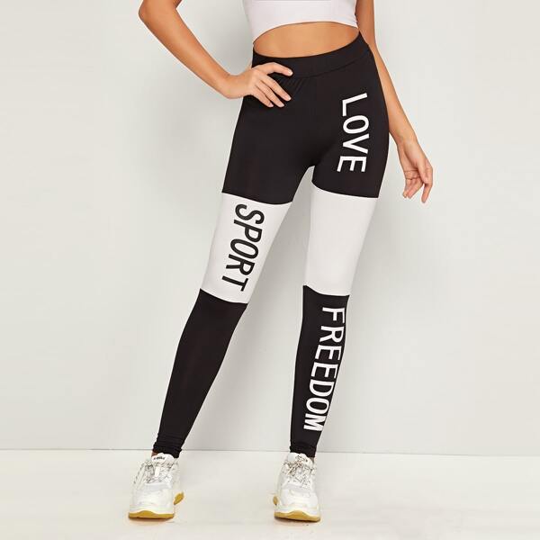 

Letter Print Two Tone Leggings, Black and white