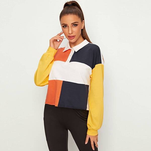 

Button Up Half Placket Cut-and-sew Sweatshirt, Multicolor bright