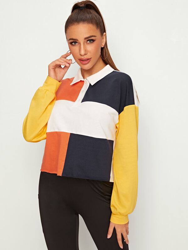 

Button Up Half Placket Cut-and-sew Sweatshirt, Multicolor, Hanna