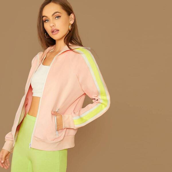 

Zip Up Contrast Striped Jacket, Pink pastel