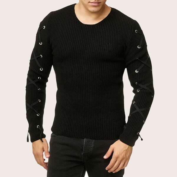 

Men Lace-up Sleeve Ribbed Knit Jumper, Black