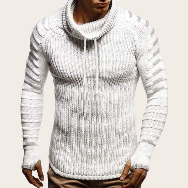 

Men High Neck Ribbed Knit Drawstring Jumper, White