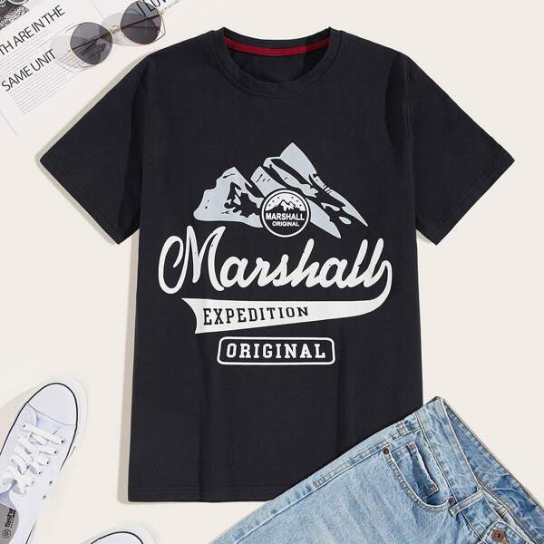 

Men Letter & Graphic Print Tee, Black
