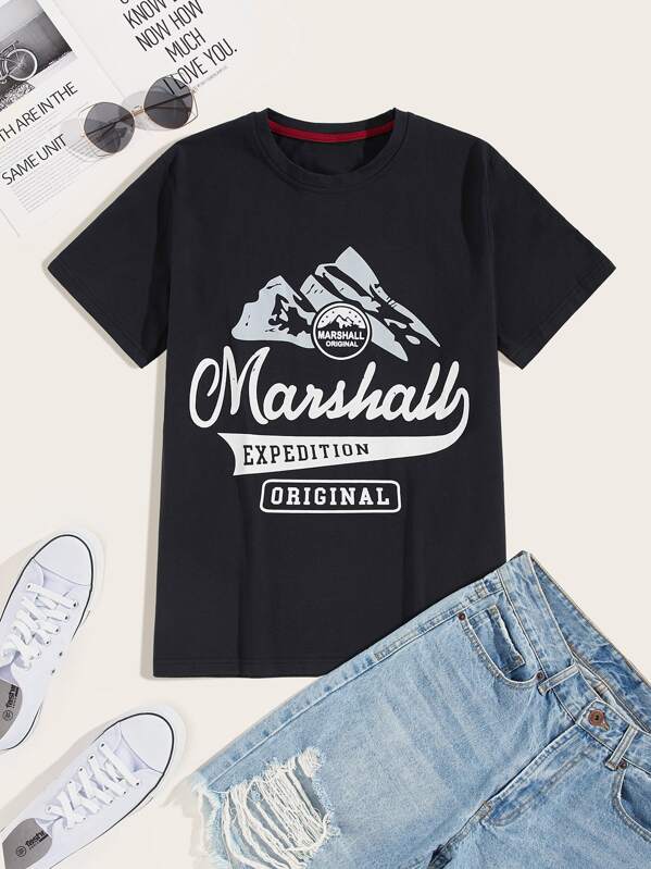 Men Letter & Graphic Print Tee, Black