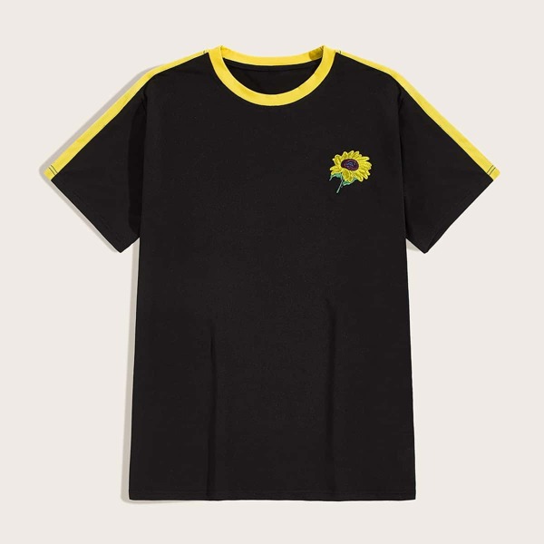 

Men Sunflower Embroidery Contrast Binding Tee, Black