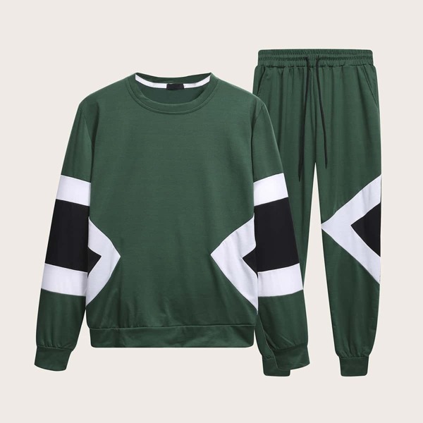 

Men Contrast Panel Sweatshirt & Drawstring Sweatpants, Green