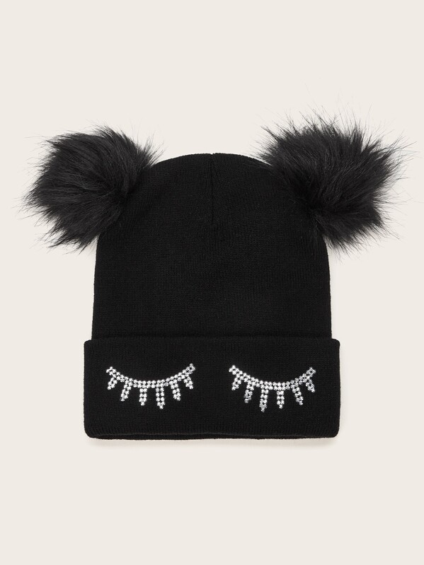 

Pom Pom & Rhinestone Eyelash Decor Cuffed Beanie, Black