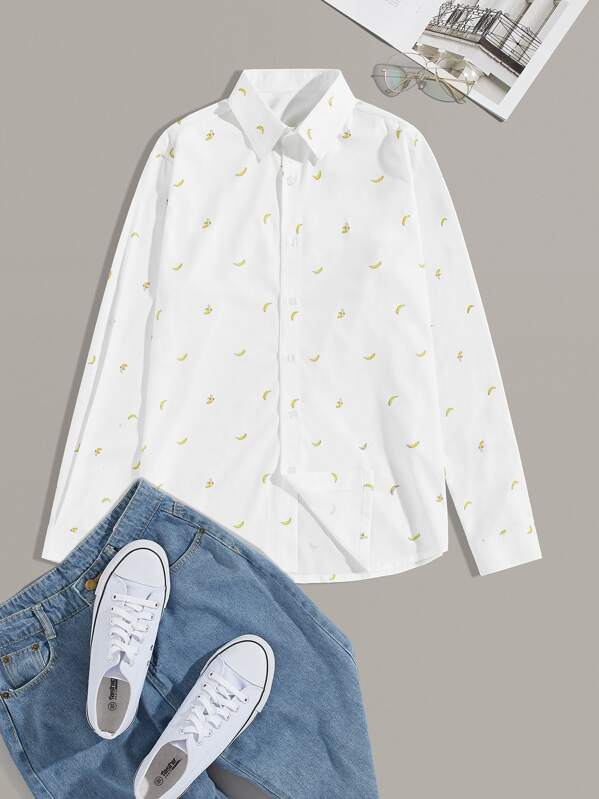 

Men Random Banana Print Long Sleeve Shirt, White